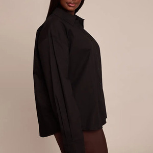 Camisa Clásica Negra de Manga Larga para Mujer, Corte Regular, Cuello Camisero, Popelina de Algodón, Color Sólido, para Todas las Temporadas - Product Image 3