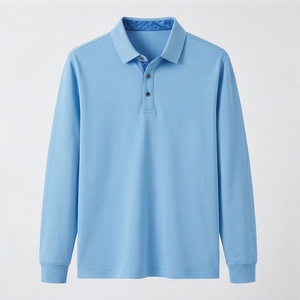เสื้อโปโลแขนยาวสีฟ้าอ่อนสำหรับผู้ชาย ผ้าฝ้ายถัก 100% ระบายอากาศได้ดี ดีไซน์เรียบง่าย สวมใส่สบาย ทรงปกติ - Product Image 1