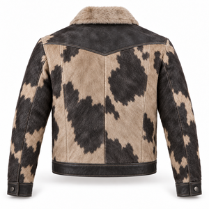 Veste de cowboy pour homme en patchwork de cuir de vachette, style western trucker, avec col en peluche, coupe courte, boutonnée sur le devant, vêtement d'extérieur décontracté urbain et tendance - Product Image 2