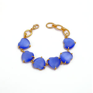 Pulseras de Cadena con Gema Cabujón Ojo de Gato Azul en Forma de Corazón - Elegantes Pulseras de Joyería de Corazón Chapadas en Oro para el Amor - Product Image 1