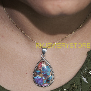 Grand pendentif en turquoise bleu cuivré en forme de larme, en argent sterling 925, bijoux faits à la main, collier vintage bohème, cadeau pour elle - Product Image 2