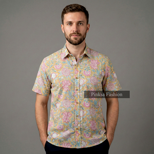 Chemise à manches courtes pour homme, 100% coton, imprimé floral, col boutonné, respirante, décontractée, pour l'été - Product Image 1