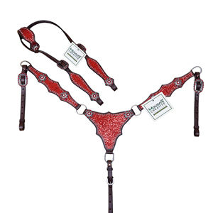 Ensemble de harnais Western avec collier de poitrine, orné de grosses paillettes rouges et de conchos en strass étincelants - Product Image 1
