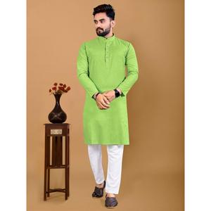 PARTY WEAR COTTON <b>SILK</b> MEN'S KURTA WITH PAYJAMA <b>GREEN</b> - Product Image 1