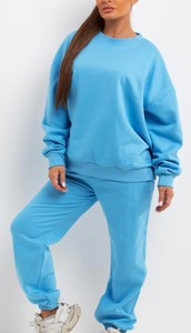 Conjunto Deportivo Azul Sólido para Mujer, Talla Grande, Cuello Redondo, Manga Larga, Corte Holgado, Informal, Pantalones Deportivos, Otoño, 100% Algodón, Peso Medio - Product Image 3