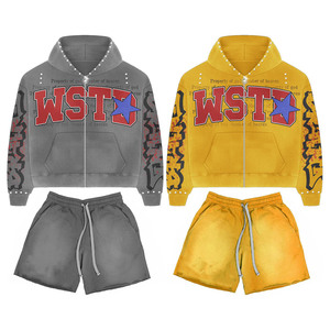 Premium 420 GSM cotton fleece acid wash grey flame panel hoodie and <b>short</b> set chenille <b>patch</b> embroidery custom logo Hoodie <b>Short</b> - Product Image 3