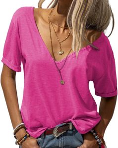 Camiseta de Manga Corta para Mujer, Cuello en V, Algodón, Corte Ajustado, Estampado Sólido, Textura Arrugada, Encaje - Product Image 1