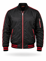 Blouson bomber noir pour homme avec bordure rouge, col montant, fermeture éclair, coupe décontractée, coupe-vent, en nylon, pour l'hiver, coupe régulière, séchage rapide