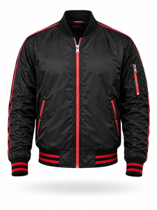 Blouson bomber noir pour homme avec fermeture éclair à bordure rouge, coupe décontractée, coupe-vent, en nylon, pour l'hiver, coupe régulière, séchage rapide - Product Image 1