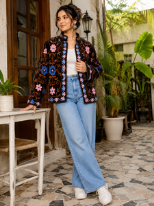 Black Velvet <b>Mandarin</b> <b>Collar</b> <b>Jacket</b> With Floral Embroidery Full Sleeve Autumn Women's Outerwear - Product Image 4