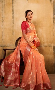 Soft Tusser Silk Traditional Kalamkari Weaving <b>Saree</b> with <b>Blouse</b> for Party Wedding & Diwali - Product Image 4