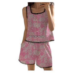 Conjunto de Pijama Corto de Algodón Transpirable con Estampado Floral y Ribete de Encaje para Mujer, Primavera/Verano, Sin Mangas, Venta al Por Mayor - Product Image 1