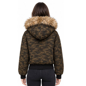 Women's Camouflage Hooded Zipper <b>Jacket</b> With Faux Fur Collar Short Winter Coat Casual Style Full Sleeve Fleece Lined - Product Image 3
