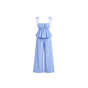 Women's Navy Blue Sleeveless <b>2</b>-<b>Piece</b> Long <b>Set</b> With <b>White</b> Stripe Loose Fit with Wide Leg Pants Spring Summer Minimalist Style <b>Set</b> - Product Image 4