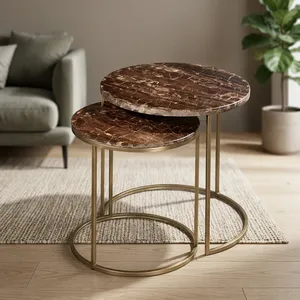Ensemble de 2 tables gigognes en fer et bois, dessus en bois rond, tables d'appoint modernes pour salon, chambre à coucher, décoration de la maison - Product Image 6