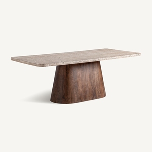 Table à manger moderne pliable en bois de manguier et marbre |   Table à manger rectangulaire de luxe avec base conique pour appartement et hôtel - Product Image 1