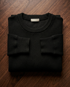 T-shirt côtelé à manches longues pour homme de qualité supérieure |   T-shirt en tricot à rayures verticales coupe ajustée |   T-shirt décontracté à col rond en mélange de coton, coupe ajustée - Product Image 1