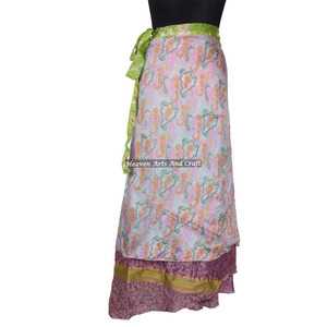 Beach Swimwear Silk <b>Wrap</b> Around Two Layer Reversible Long <b>Skirt</b> Saree Bohemian Magic Women Cover up Wear Vintage Silk Magic - Product Image 1