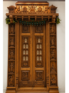 Puerta de Madera de Teca Hecha a Mano en India con Diseño Tradicional de Doble Campana para Sala de Pooja, Moderna y Profesional para el Hogar - Product Image 1