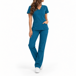 Ensemble de blouses médicales unisexe, violet avec bordure rose, coton/polyester/pantalon tricoté, col en V, manches longues, respirant, confortable, haute qualité - Product Image 2