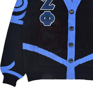 Cardigan en acrylique tricoté pour femme, noir et bleu, avec lettres, style universitaire, manches longues, boutons sur le devant, Sorority Zeta Phi B - Product Image 3