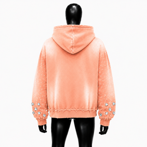 Sweat à capuche de luxe orné de cristaux pêche, veste zippée intégrale vintage effet vieilli, manches surdimensionnées avec strass, style urbain et streetwear - Product Image 2