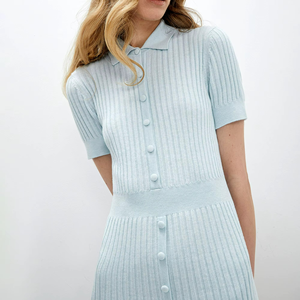 Vestido Maxi Elegante Francés Casual con Cuello Polo, Línea A, Tejido de Punto, Manga Corta, Algodón Ecológico, Estilo Modesto para Negocios - Product Image 4