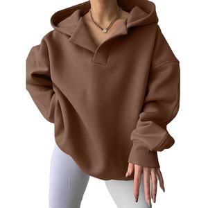 Sudadera con capucha de gran tamaño con cuello en V y forro polar clásico para mujer, sudadera transpirable de talla grande, ropa de invierno con bolsillo práctico - Product Image 1