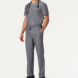 Unisex Gray V-Neck <b>Scrub</b> <b>Top</b> With Chest Pocket Cotton Polyester Woven Hospital Uniforms - Product Image 3