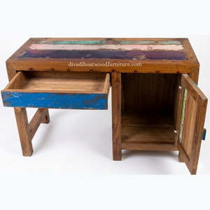 Escritorio DIVADI, Hecho a Mano con Madera de Barco Reciclada, Minimalista, Ecológico, Estilo Antiguo, para Oficina en Casa, con Cajones y Puerta - Product Image 3