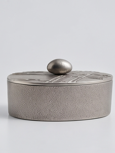 Luxury Silver Textured Metal Date And Dry Fruit Storage Box Abstract Linear Lid With Pebble Knob Finial - Product Image 1