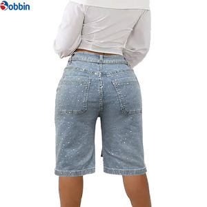 Pantalones Cargo Vaqueros Cortos de Verano para Mujer, Estilo Urbano Casual, Cómodos, Hip Hop, con Pedrería, Rectos, Lavados, hasta la Rodilla - Product Image 2