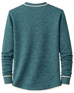 <b>Mens</b> Teal Blue Geometric Printed <b>Henley</b> Pullover Sweatshirt Long Sleeve French Terry Regular Fit Casual <b>Top</b> For <b>Men</b> Winter Wear - Product Image 2