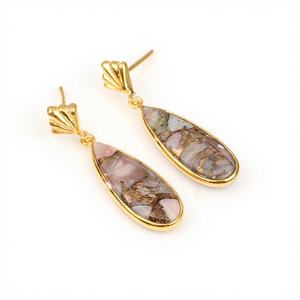 Pendientes Colgantes de Plata de Ley 925 con Ópalo Rosa en Forma de Pera de 8x24 mm, Estilo Vintage, Más Vendidos, con Baño de Oro Vermeil de 18K - Product Image 1