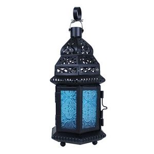Faroles de panel azul con recortes intrincados y paneles arqueados para decoración del hogar estilo marroquí - Product Image 1