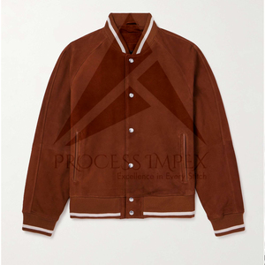 <b>Men's</b> Brown <b>Suede</b> Varsity <b>Jacket</b> Turn-down Collar Regular Fit Casual Autumn Wear Button Closure Solid Color - Product Image 4