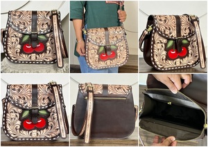 Bolso Bandolera de Cuero Genuino Hecho a Mano con Diseño Floral de Cerezas y Motivos Western, Bolsos Cruzados para Mujer - Product Image 3
