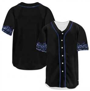 Camiseta de Béisbol Personalizada Negra y Azul Marino con Brillo, Manga Corta, Cierre de Botones, Sublimada, Transpirable, Cuello en V, Uniforme Deportivo para Equipo - Product Image 1