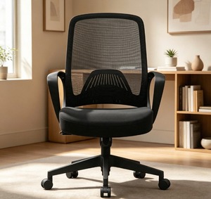 Chaise de bureau ergonomique en maille avec accoudoirs fixes, dossier ouvert, pivotante, réglage manuel, structure en acier moderne, noire - Product Image 1