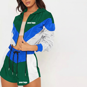 High Quality Women's 2-Piece Set 100% Cotton Fleece Embroidered Lace Cropped <b>Jacket</b> <b>Short</b> Solid Vintage Color Block Custom Logo - Product Image 4