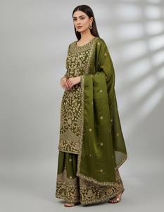 Ensemble de travail haut de gamme Sharara Plazzo Dupatta avec broderie à sequins de 3 mm et manches longues - Product Image 5