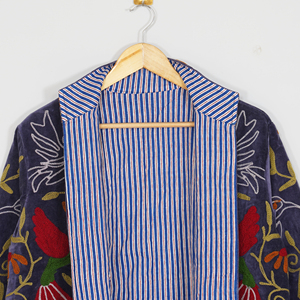 Women Velvet Embroidered Reversible <b>Quilted</b> <b>Jacket</b> O-Neck Regular Sleeve Floral Boho Style Autumn Coat Handmade Suzani <b>Pattern</b> - Product Image 6