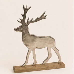 Figurine de renne moderne en aluminium argenté avec base en bois de manguier naturel, sculpture de cerf en métal artisanale pour la décoration de Noël à la maison - Product Image 1