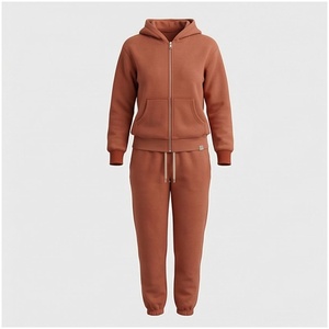 <b>Women</b> 100% Cotton Hooded <b>Zip</b>-Up Sweatshirt & Jogger Pants Set Solid Color Casual Tracksuit Autumn Midweight Fleece Full Sleeve - Product Image 1