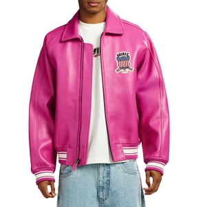 High Quality Winter Plain Dyed Solid Genuine Leather Avirex <b>Jacket</b> Men Avirex USA Men Pink Color Cowhide Leather Bomber <b>Jacket</b> - Product Image 3