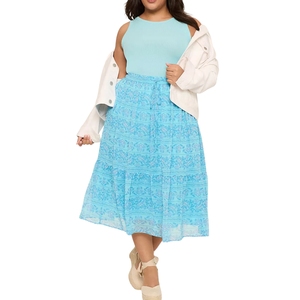 Jupe mi-longue décontractée à rayures pour femmes grande taille, taille haute, respirante, en satin doux, jupe d'été - Product Image 1
