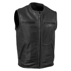 <b>Men's</b> Black Genuine Leather <b>Vest</b> Zip Up Stand Collar Moto Biker <b>Waistcoat</b> with Pockets Windproof Autumn Spring Outerwear - Product Image 1