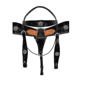 Cabezada, pechopetral y riendas de cuero negro estilo western con adornos florales, conchos y tachuelas metálicas, cómodos y duraderos, marca LLT - Product Image 1