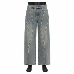 <b>Men's</b> Vintage Washed Wide Leg Jeans <b>Loose</b> Fit Denim Pants Casual Streetwear <b>Trousers</b> with Contrast Seam Detail - Product Image 1