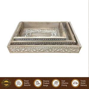 Juego de 3 bandejas rectangulares para servir alimentos, hechas a mano en India, de madera de mango, diseño elegante, alta calidad, para uso doméstico y hotelero. - Product Image 3
